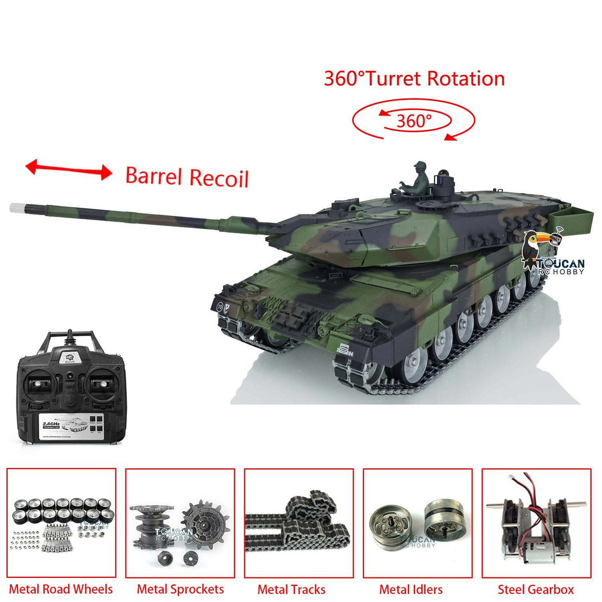 Henglong 1/16 TK7.0 3889 Leopard2A6 RTR RC Tank 360 Degrees Turret Barrel Recoil Smoke BB IR Metal Single Rubber Tracks Sprockets Idlers Wheels Gearbox