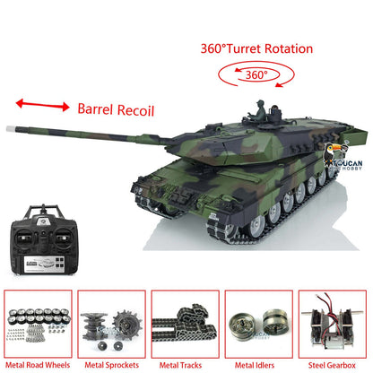 Henglong 1/16 TK7.0 3889 Leopard2A6 RTR RC Tank 360 Degrees Turret Barrel Recoil Smoke BB IR Metal Single Rubber Tracks Sprockets Idlers Wheels Gearbox
