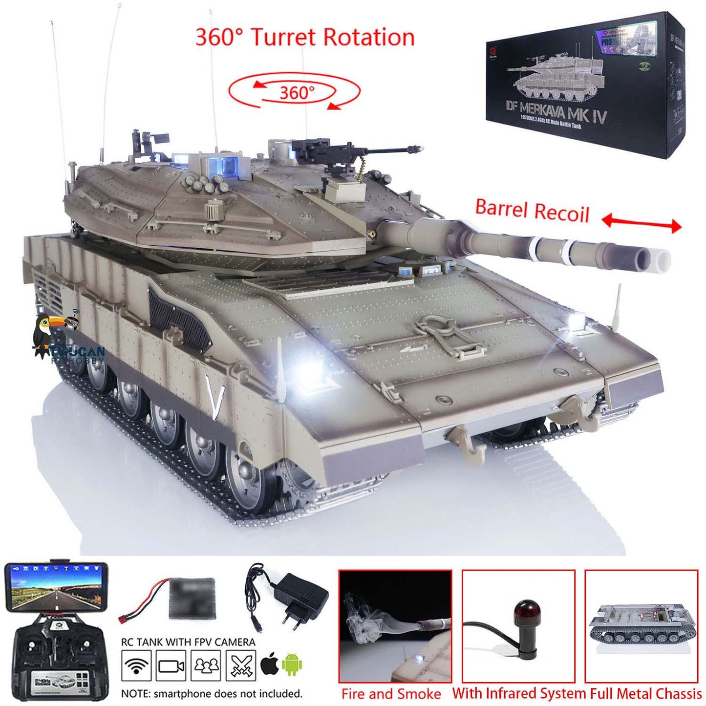 HengLong 1/16 TK7.1 IDF Merkava MK IV 3958 RTR RC Tank with FPV 360 Degrees Turret IR Smoke Unit BB Sounds Lights Metal Chassis Steel Gearbox