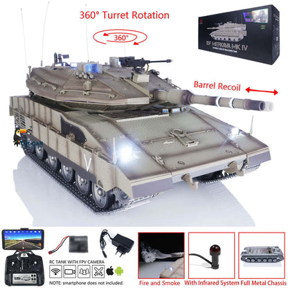 HengLong 1/16 TK7.1 IDF Merkava MK IV 3958 RTR RC Tank with FPV 360 Degrees Turret IR Smoke Unit BB Sounds Lights Metal Chassis Steel Gearbox