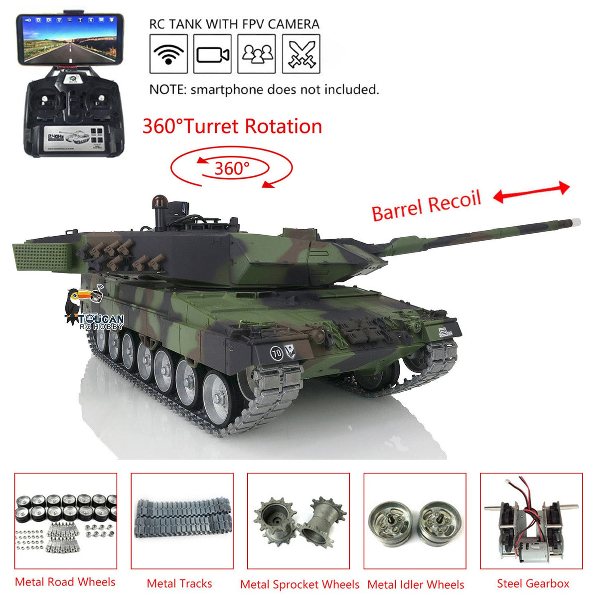 Henglong 1/16 TK7.0 3889 Leopard2A6 RTR RC Tank FPV Barrel Recoil BB IR Smoke 360 Degrees Turret Metal Tracks Road Drive Idler Wheels Gearbox