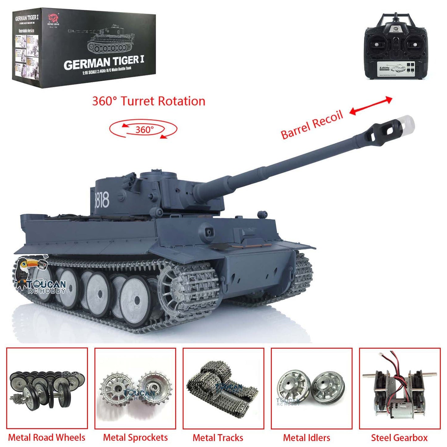 Henglong 1/16 TK7.0 German Tiger I RTR RC Tank 3818 with Barrel Recoil 360 Degrees Turret BB IR Smoke Metal Tracks Sprockets Idlers Road Wheels