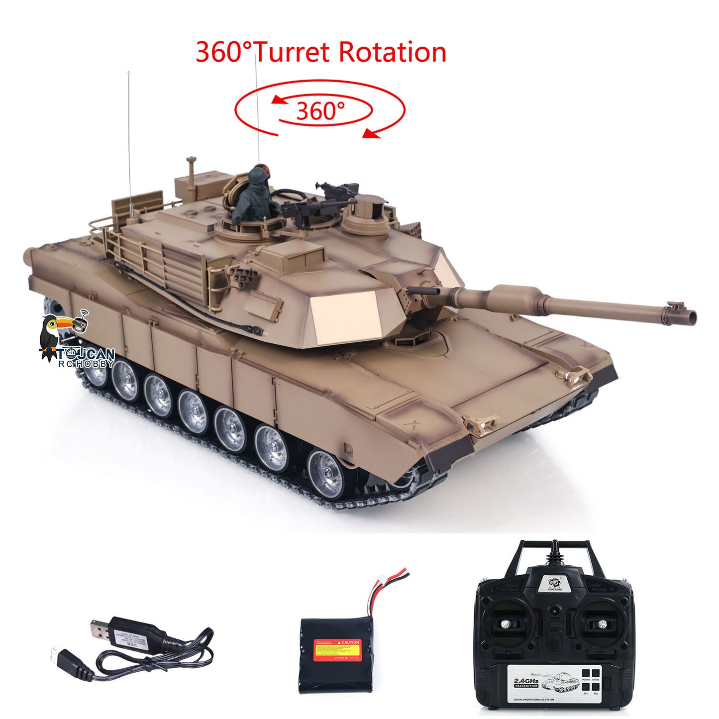 Heng Long 1/16 RC Main Battle Tank Abrams M1A2 Metal Chassis Wheels Steel Gearbox Turret 360 Rotation Barrel Recoil Elevation