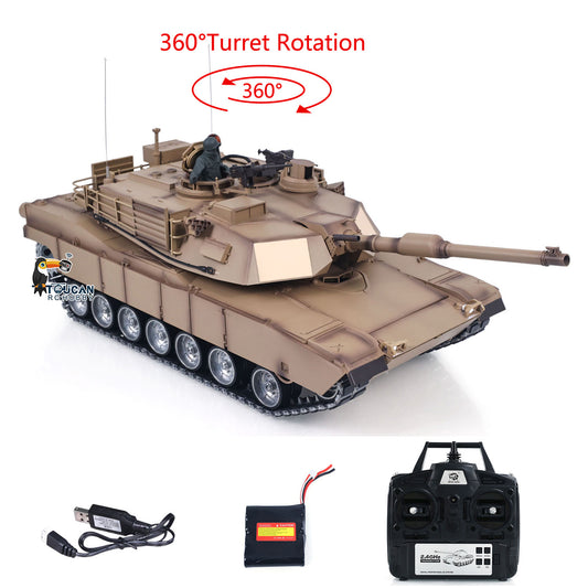 Heng Long 1/16 RC Main Battle Tank Abrams M1A2 Metal Chassis Wheels Steel Gearbox Turret 360 Rotation Barrel Recoil Elevation