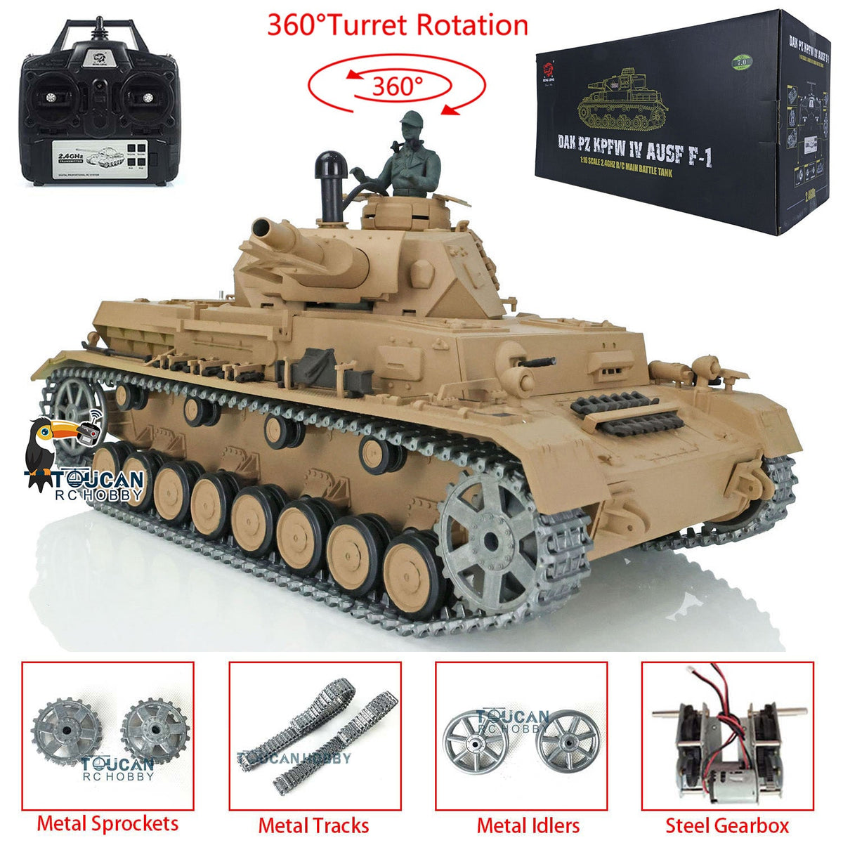 Henglong 1/16 TK7.0 Promotion German Panzer IV F 3858 RTR RC Tank 360 Degrees Turret Smoke IR BB Metal Barrel Sprockets Idlers Wheels Tracks Gearbox