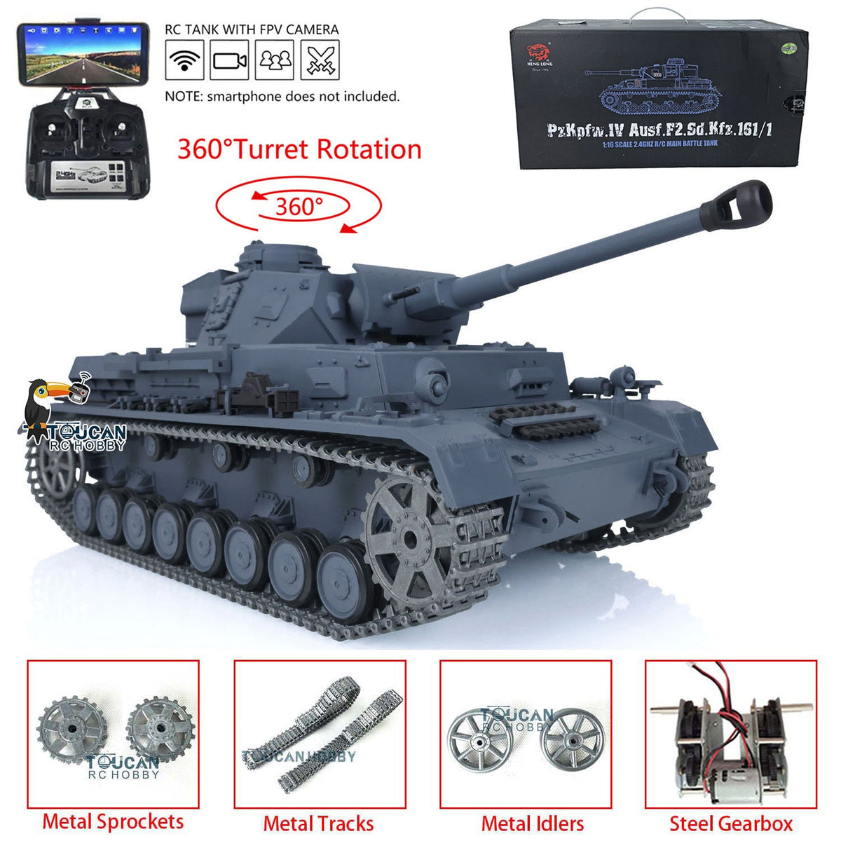 Henglong 1/16 TK7.0 Promotion German Panzer IV F2 3859 RTR RC Tank 360 Degrees Turret Smoke Infrared Combat BB Metal Barrel Tracks Sprockets Idlers Wheels