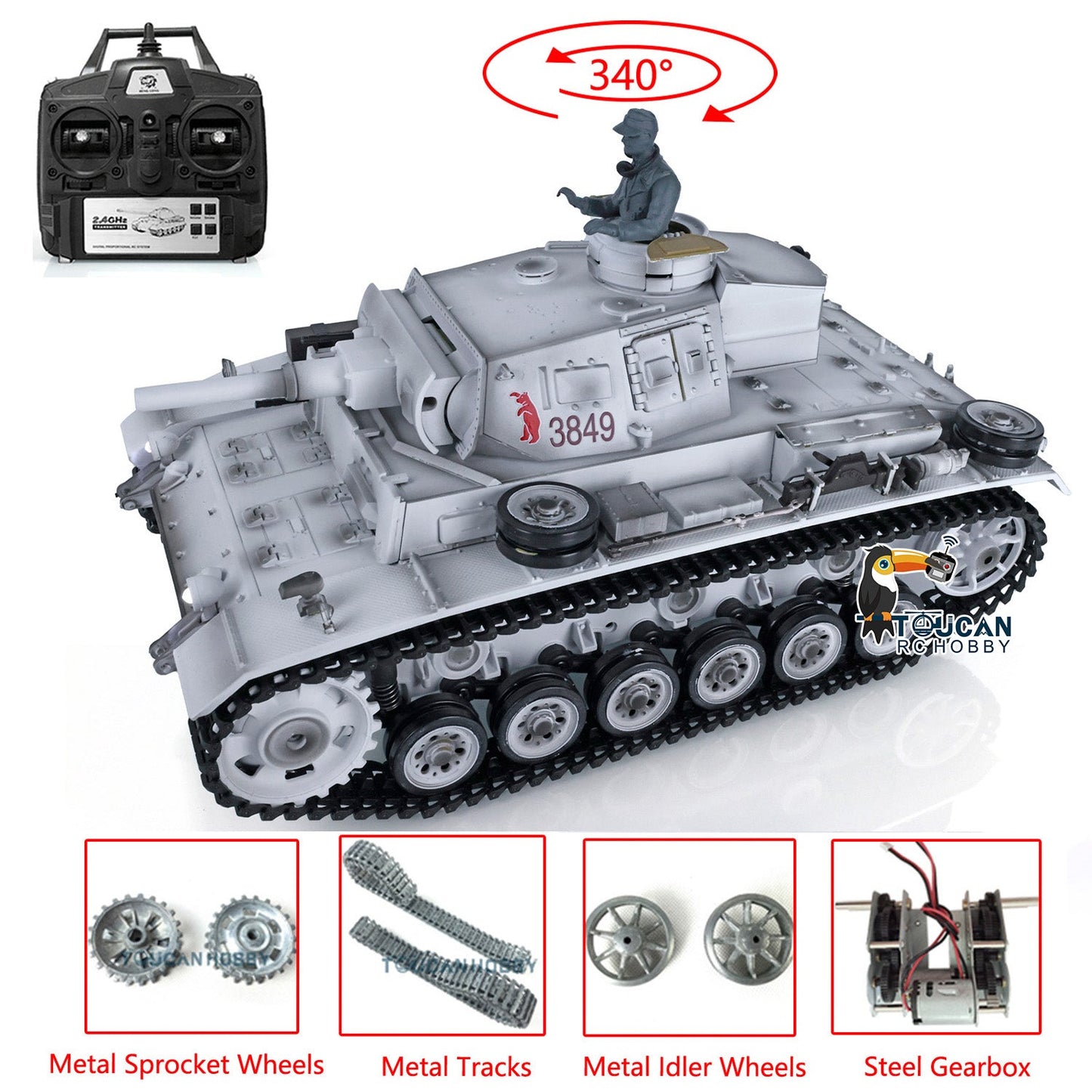 Henglong 1/16 TK7.0 Promotion German Panzer III H RTR RC Tank 3849 BB Infrared System Smoke Metal Barrel Tracks Sprockets Idlers Wheels Gearbox Tracks