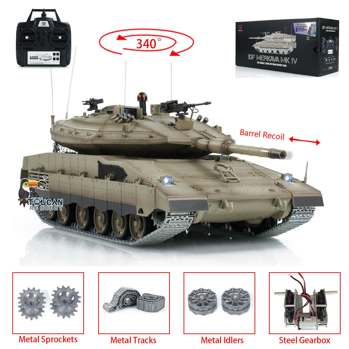 Henglong 1/16 TK7.0 IDF Merkava MK IV 3958 RTR RC Tank with Barrel Recoil BB Smoke Metal Tracks Idlers Sprockets Wheels Gearbox