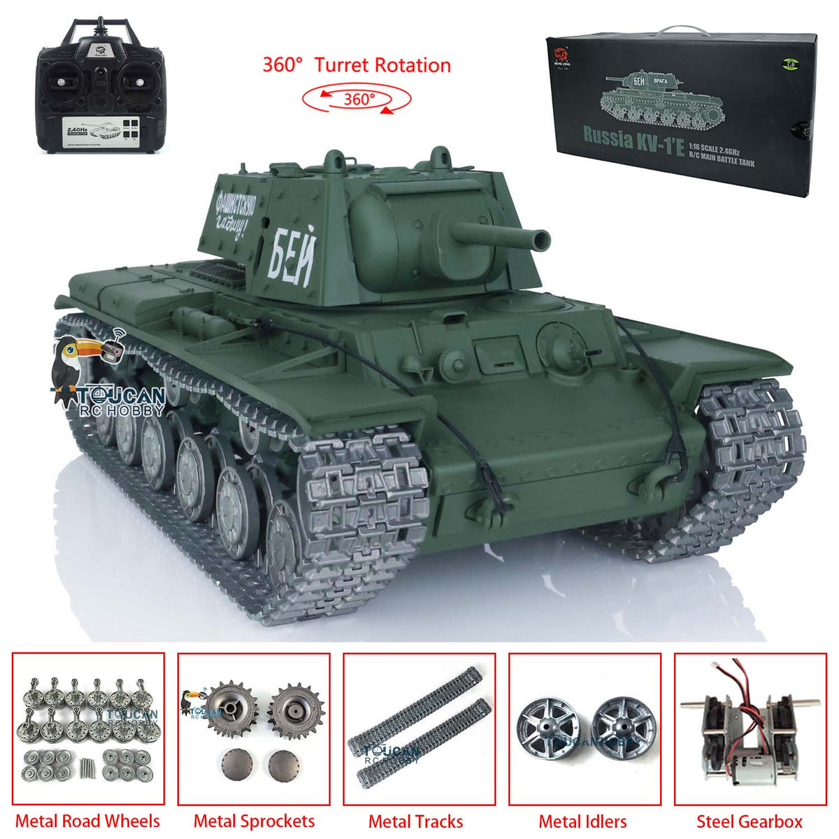 Henglong 1/16 TK7.0 Soviet KV-1 RTR RC Tank 3878 Smoke BB IR 360 Degree Turret Metal Barrel Tracks Sprockets Idlers Road Wheels Gearbox
