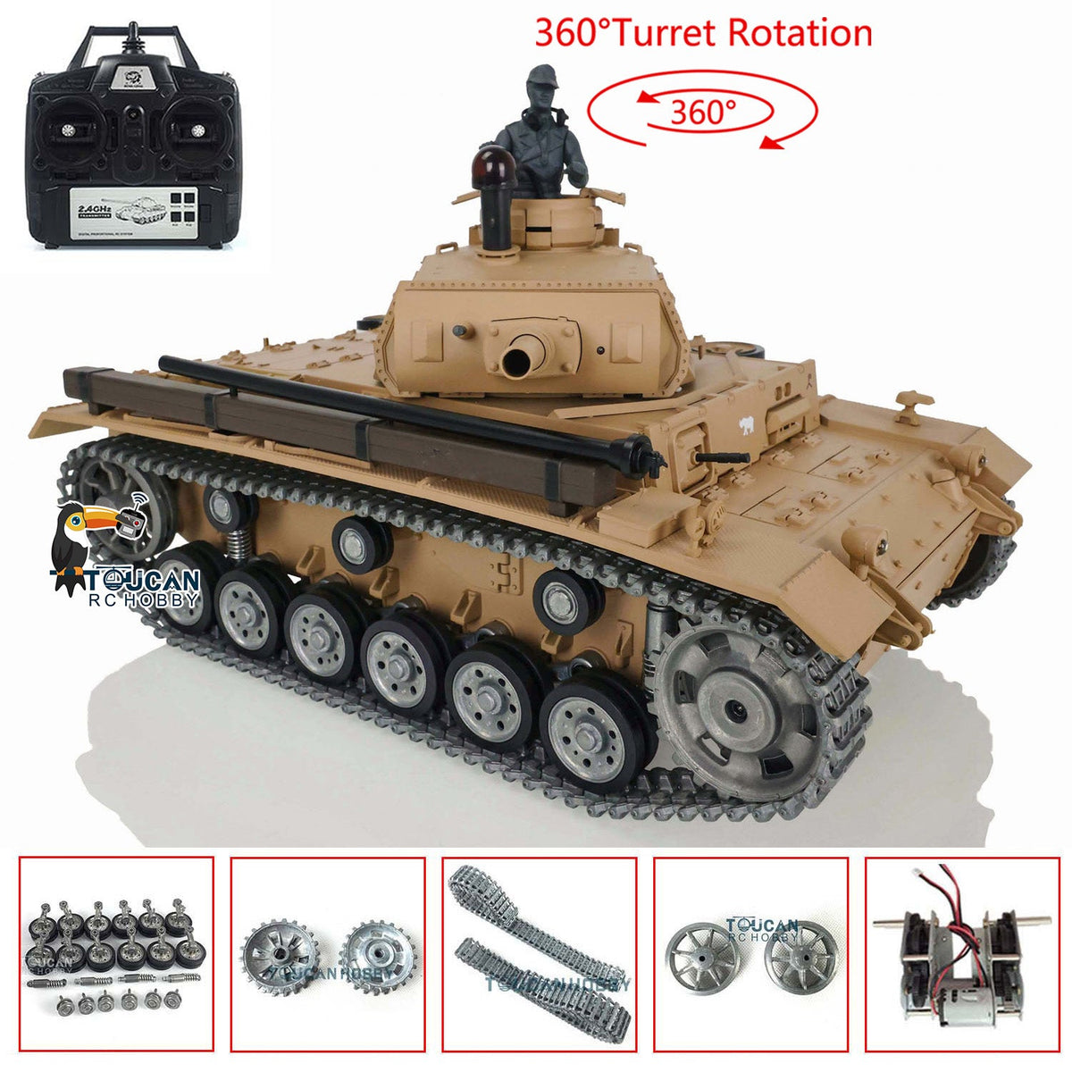 Henglong 1/16 7.0 Profession German Panzer III H RTR RC Tank 3849 with 360 Degrees Turret IR BB Smoke Metal Sprockets Idlers Road Wheels Barrel Tracks Gearbox