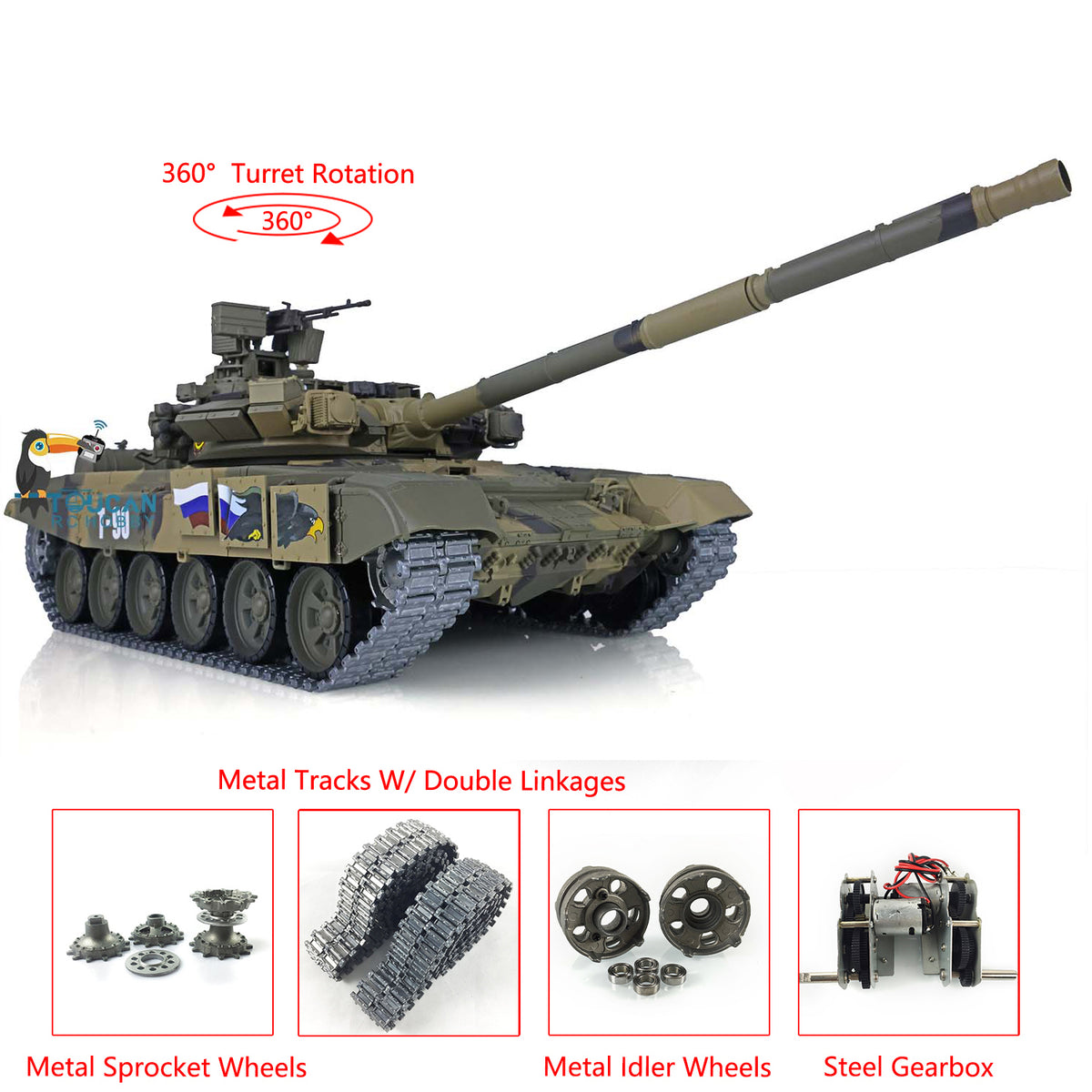 Henglong 1/16 Maßstab TK7.0 Russischer T90 Ferngesteuerter Ready To Run Tank 3938 W/ 360 Turm Metallketten Kettenräder Leiträder