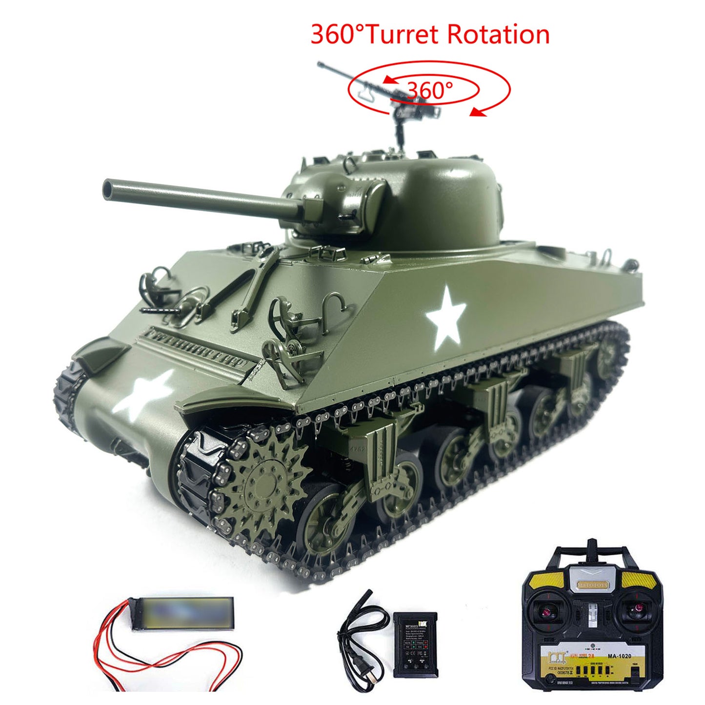 Mato 100 % Metall, Maßstab 1/16, Armeegrün, M4A3 Sherman BB Ver RTR RC-Panzer 1230, Fernbedienung, Modell, Sender, Batterie