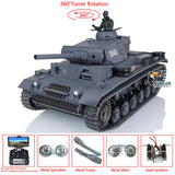 2.4Ghz Henglong 1/16 Scale TK7.0 Upgraded Panzer III L RTR RC Metal Version Tank 3848 360 Turret Tracks Sprockets Idlers FPV