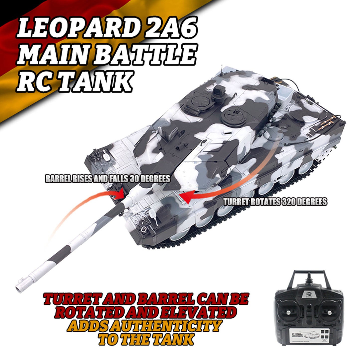 2.4G Henglong 1/16 7.0 Leopard2A6 RC Tank 3889 Metal Gearbox Suspension Bars BB IR Barrel Recoil Sound Smoking Light Battery