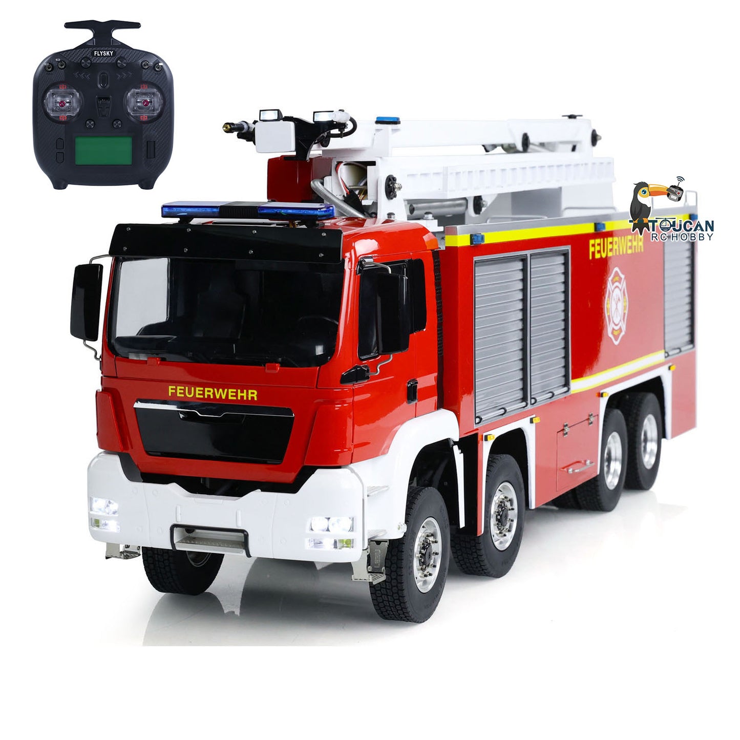 TOUCAN RC HOBBY 1/14 Metal Chassis Snozzle High-reach Extendable Turret 8x4 Remote Control Fire Truck Servo ESC Motor Light Sound System