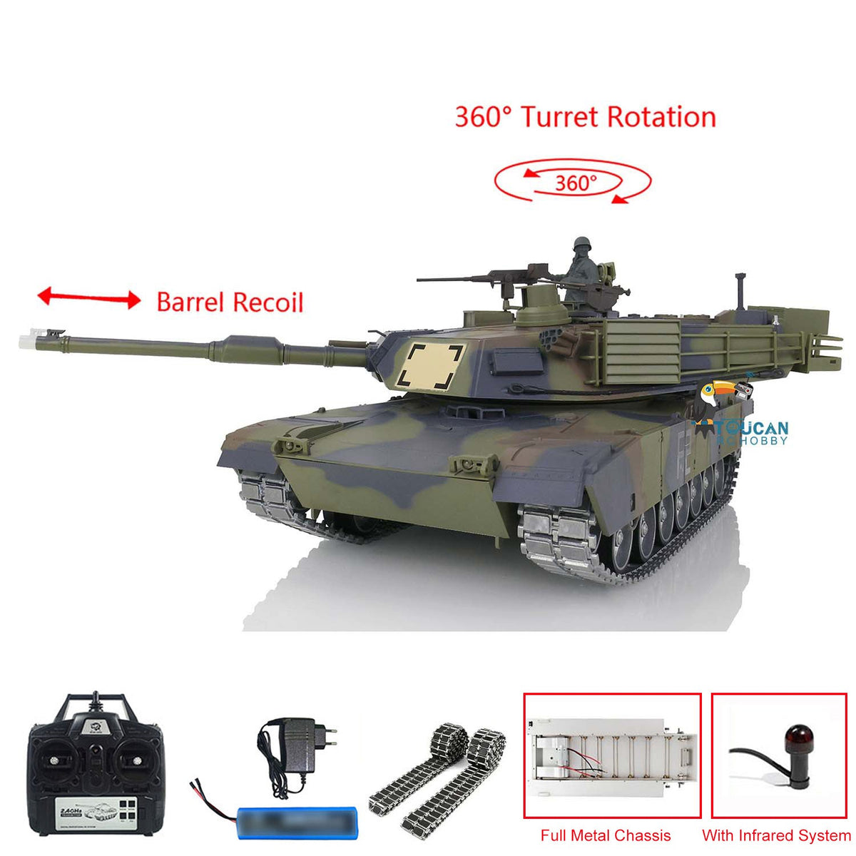 HengLong 3918 RTR RC Tank Full Metal Chassis With Plastic Hull TK7.1 Leopard2A6 M1A2 Sound Main Board with 360 Degrees Turret Barrel Recoil BB