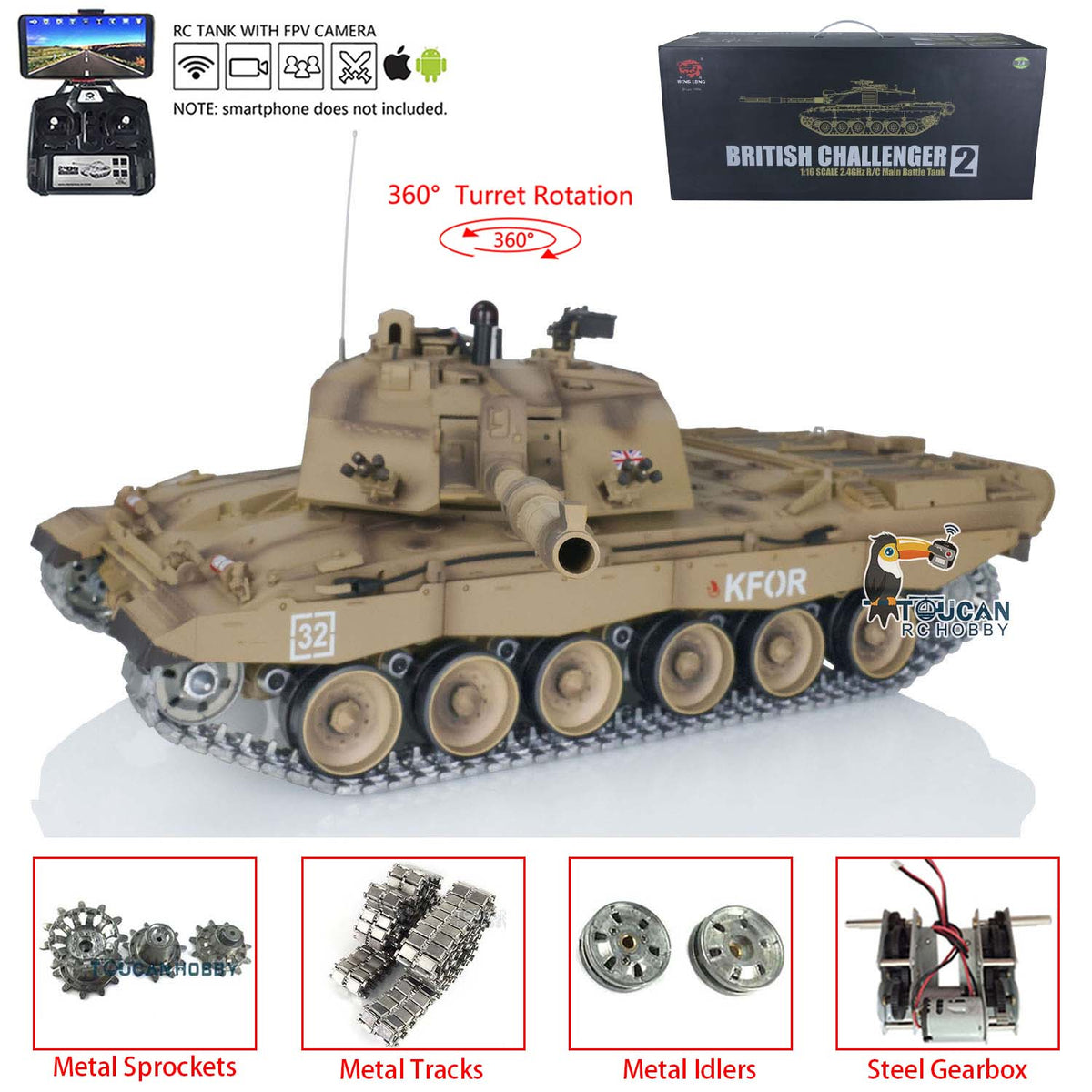 Henglong 1/16 TK7.0 Promotion British Challenger II 3908 RTR RC Tank 360 Degrees Turret BB IR Smoke Sound Light Metal Sprockets Idlers Wheels