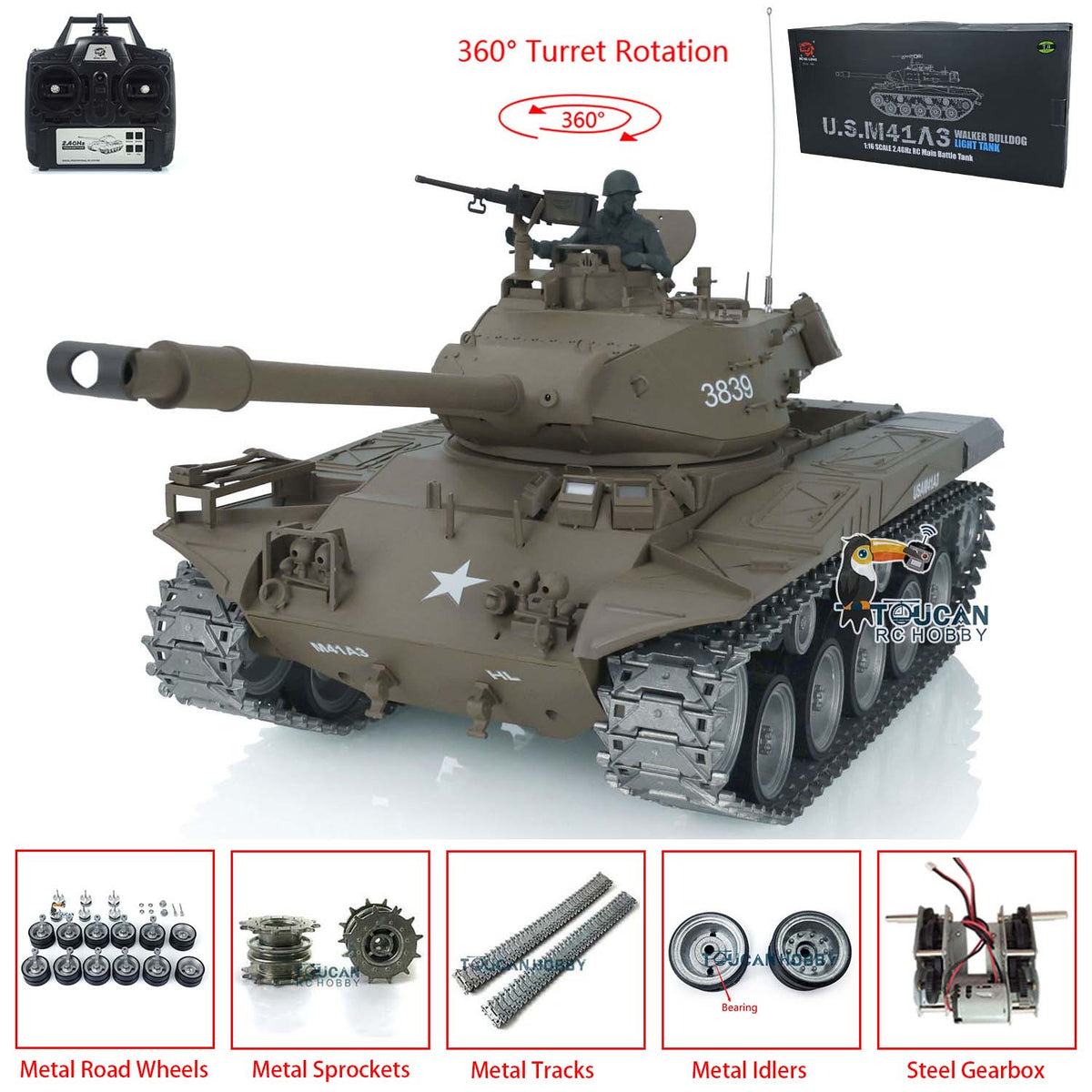 Henglong 1/16 TK7.0 USA Walker Bulldog 3839 RTR RC Tank 360 Degrees Turret Infrared System BB Smoke Metal Sprockets Wheels Gearbox Tracks