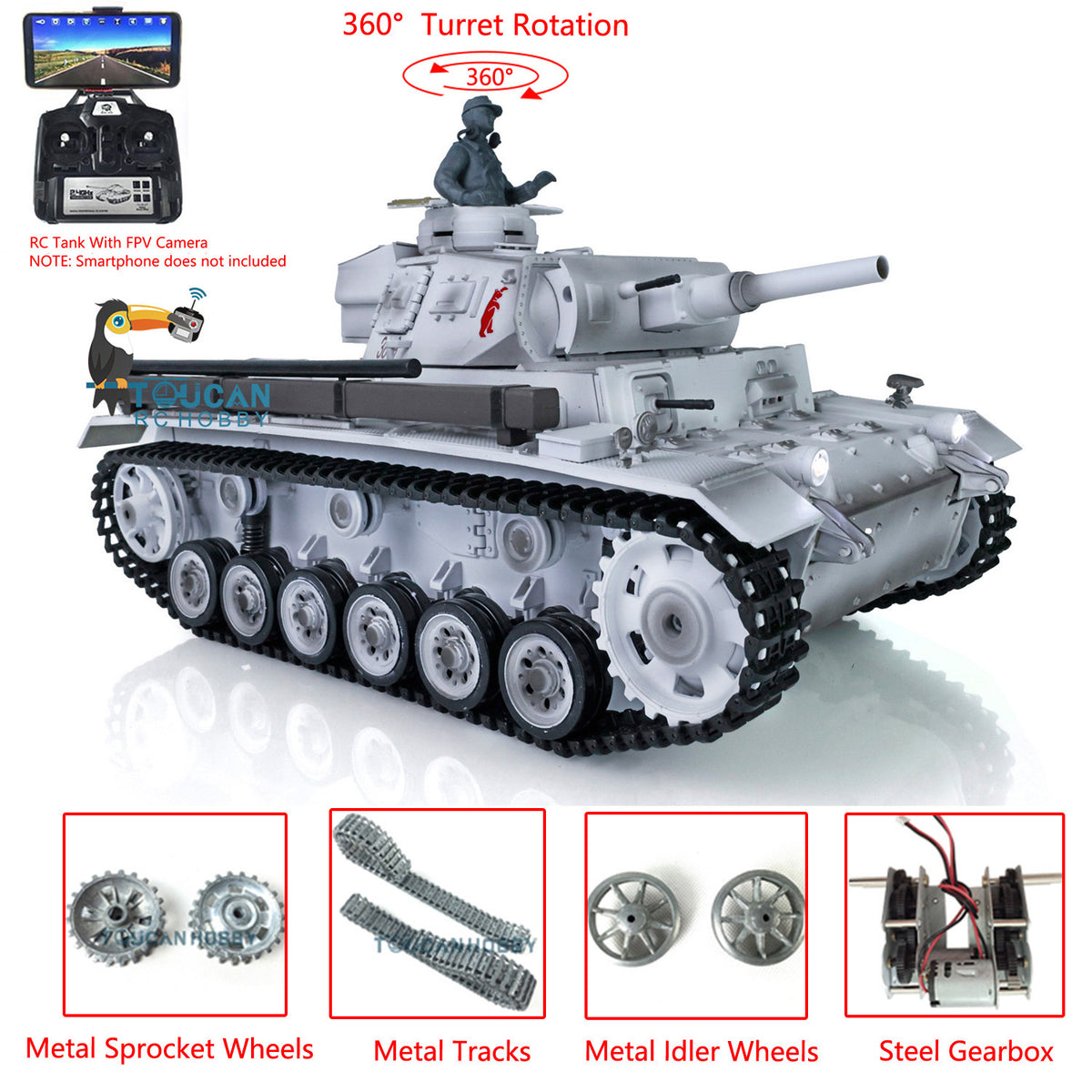 2,4 GHz Henglong 1/16 Maßstab TK7.0 Verbesserte FPV Panzer III H Metallversion RTR RC Modellpanzer 3849 360 Turm FPV Ketten Leiträder