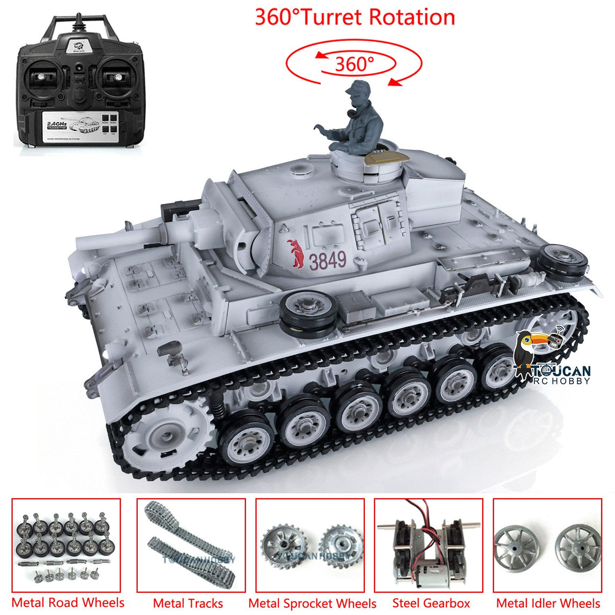 Henglong 1/16 7.0 Profession German Panzer III H RTR RC Tank 3849 with 360 Degrees Turret IR BB Smoke Metal Sprockets Idlers Road Wheels Barrel Tracks Gearbox
