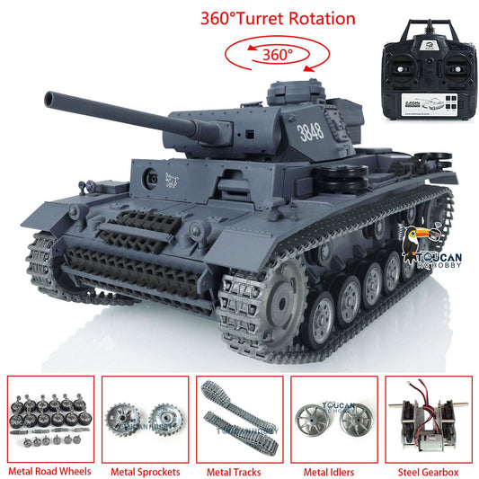 Henglong 1/16 TK7.0 Profession Panzer III L RTR RC Tank 3848 IR BB 360 Degrees Turret Smoke Metal Tracks Sprockets Idlers Road Wheels Gearbox