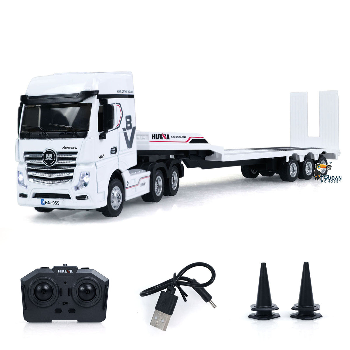 TOUCAN RC HOBBY HUINA 1/64 Remote Control Drift Tractor Truck 9900 W/ 3Axle Plastic Semi Flatbed Trailer RTR Lights Effect Manual Support Legs