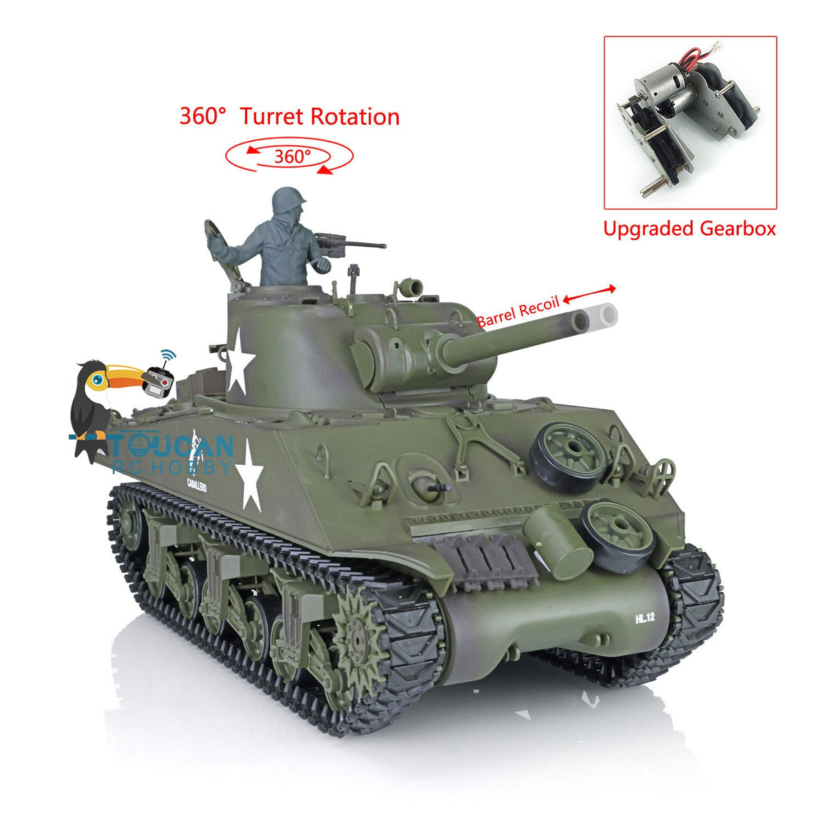 Henglong 1/16 TK7.0 Plastic USA M4A3 Sherman 3898 RTR RC Tank 360 Degrees Turret BB IR Barrel Recoil Smoke Metal Barrel Steel Gearbox
