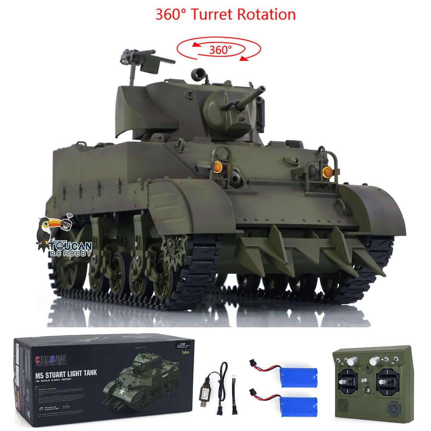 1/16 RC RTR-Panzer US M5A1 Stuart VI, ferngesteuerter leichter Panzer mit 360 Grad drehbarem Funkgerät mit zwei Batterien