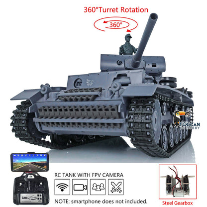 Henglong 1/16 Plastic 7.0 3848 3849 Panzer III H L RC Tank FPV 360 Degree Turret Infrared System BB Smoke Steel Driving Gearbox Metal Barrel