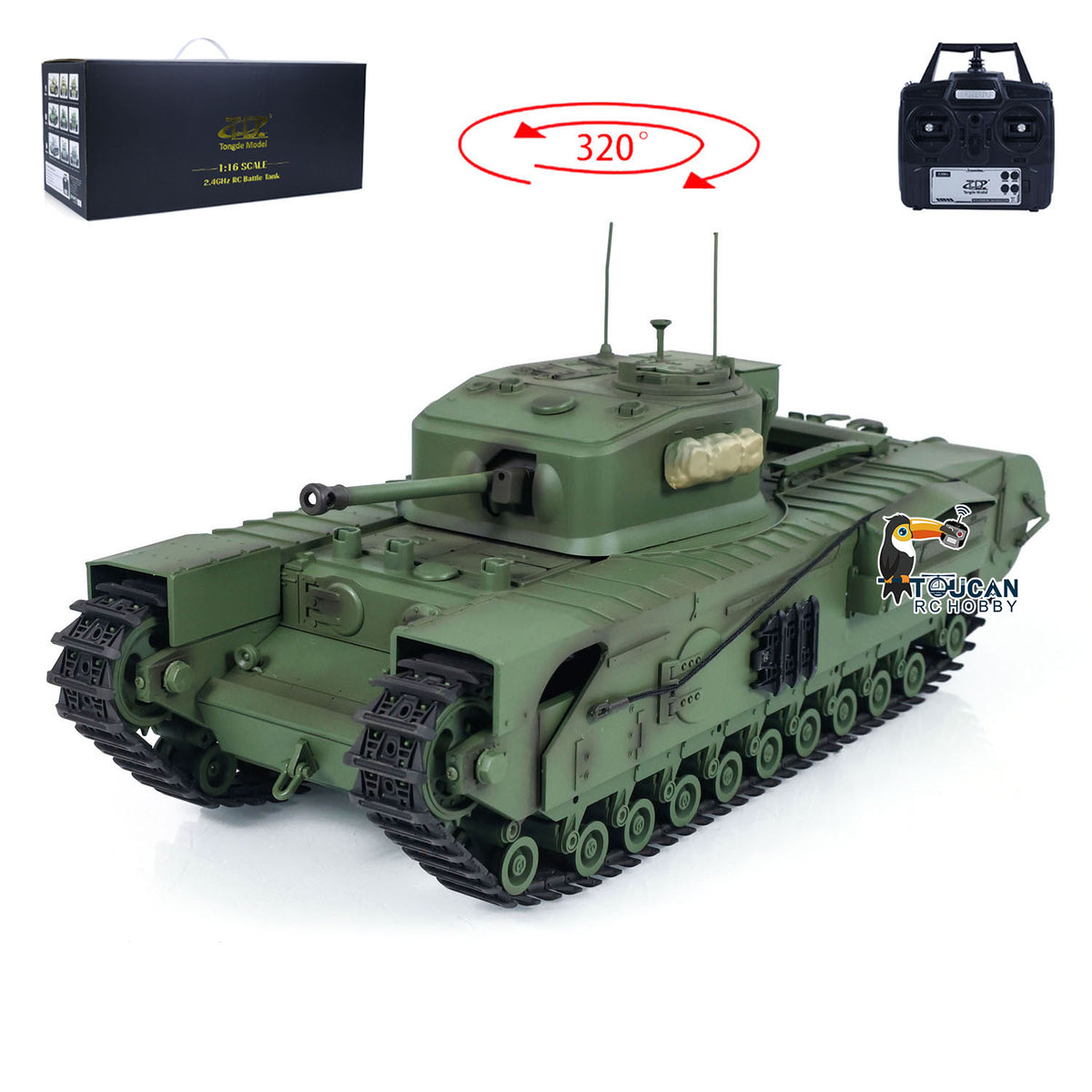 1/16 Tongde RC Panzer Churchill Mk.VII Elektro Infrarot Kampfspielzeug Fassrückstoß RTR Funkbatterie