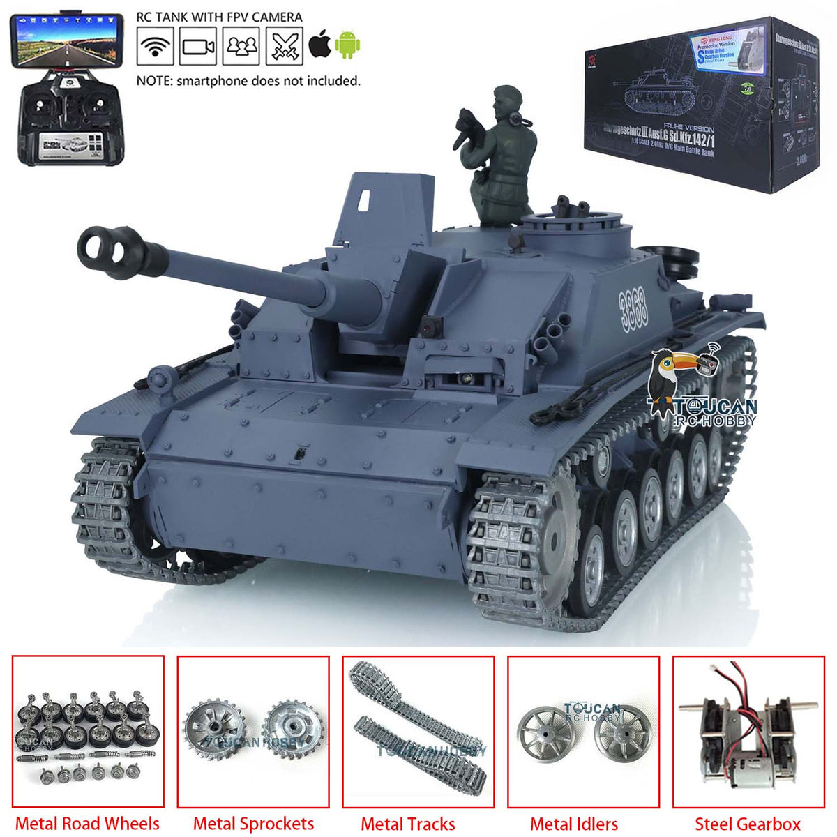 Second-Hand for UK Henglong 1/16 7.0 Customized Stug III RTR FPV RC Tank 3868 Metal Tracks Wheels