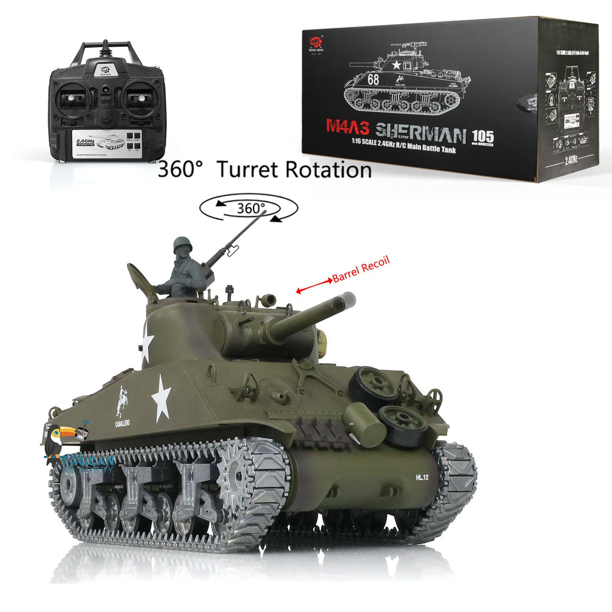 Henglong 1/16 TK7.0 3898 M4A3 Sherman RTR RC Tank with 360 Degrees Turret FPV IR BB Smoke Barrel Recoil Metal Tracks Sprockets Idlers Road Wheels