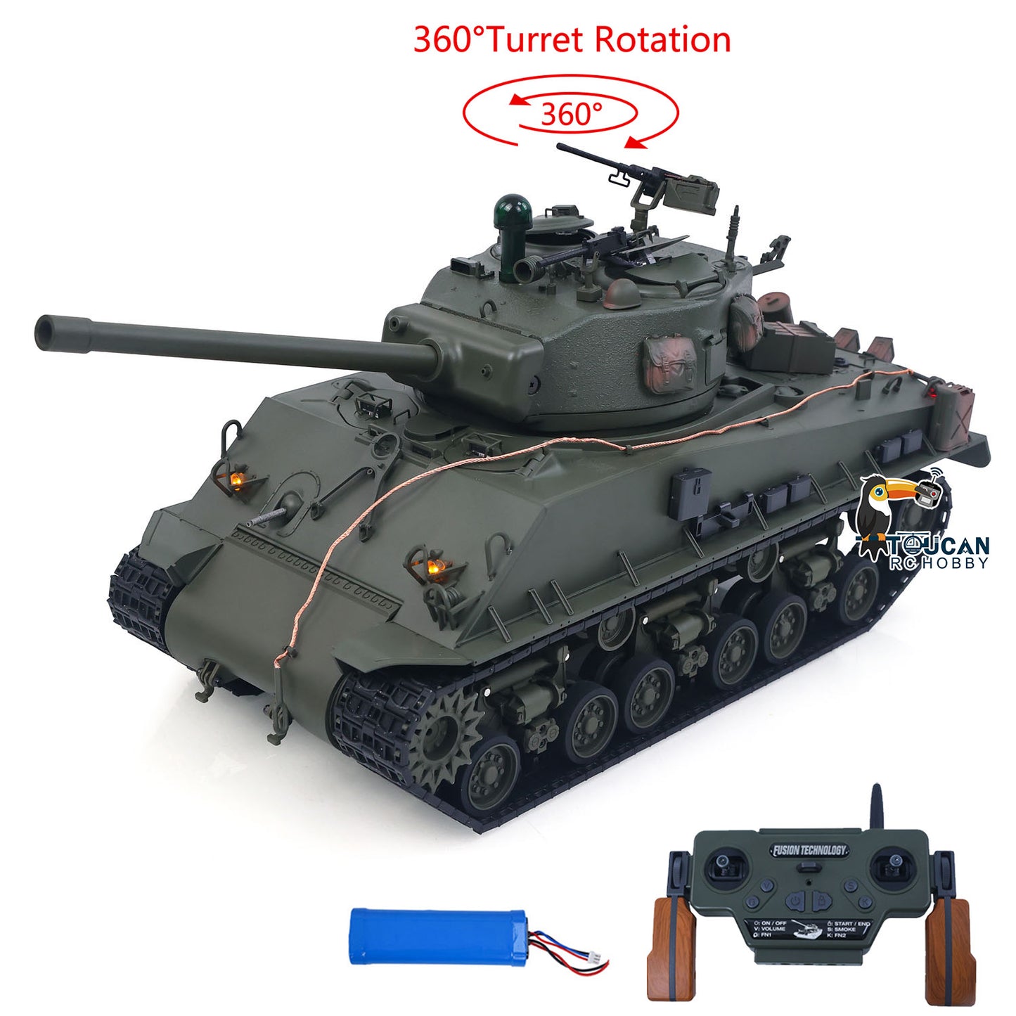 RTR 1/16 RC Tank Sherman M4A3E8 IR BB Barrel Elevation Smoking Metal Chassis Tracks Road Wheels Machine Gun 360 Degree Rotation