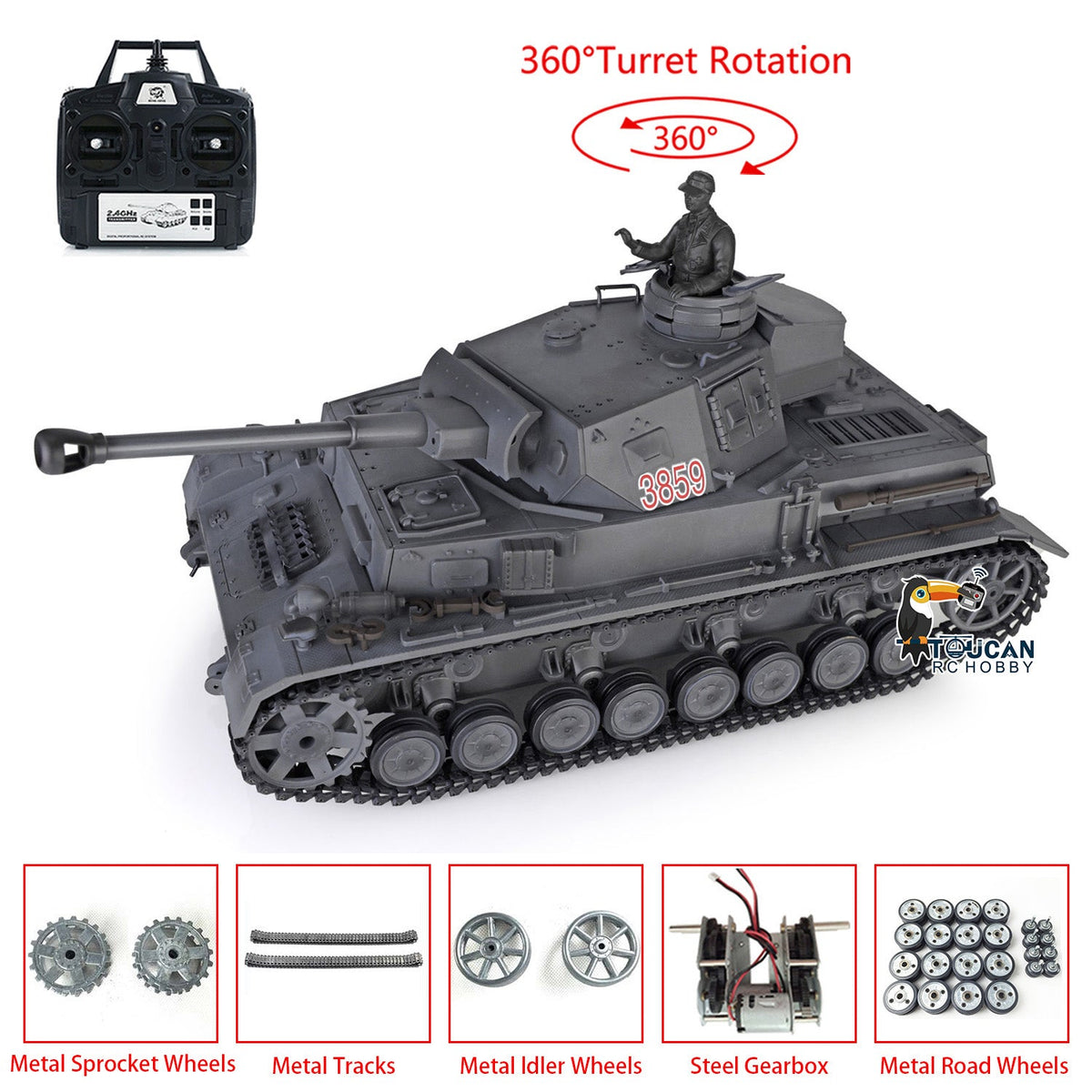 Henglong 1/16 TK7.0 Promotion 3859 German Panzer IV F2 RTR RC Tank IR BB 360 Degrees Turret Smoke Metal Barrel Tracks Sprockets Idlers Road Wheels Gearbox