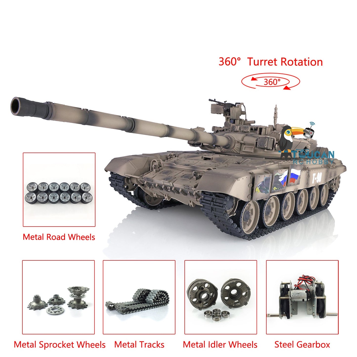Henglong 1/16 TK7.0 Profession Russia T90 3938 RTR RC Tank with 360 Degrees Turret BB IR Smoke Metal Tracks Sprockets Idlers Road Wheels Gearbox