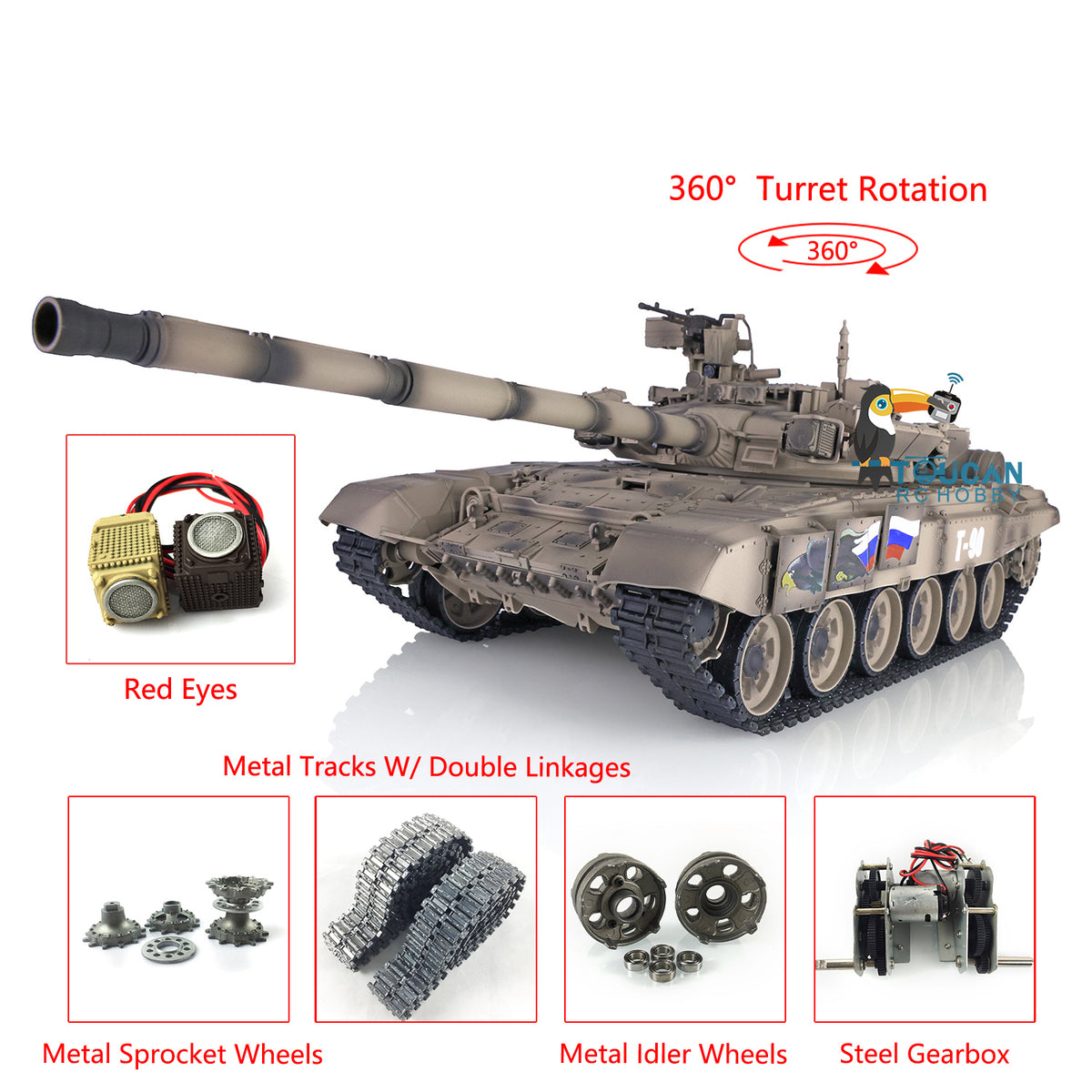 TOUCAN RC HOBBY Henglong 1/16 TK7.0 Promotion Russia T90 RTR RC Tank 3938 with 360 Degrees Turret Red Eyes BB IR Smoke Metal Idlers Sprockets Wheels
