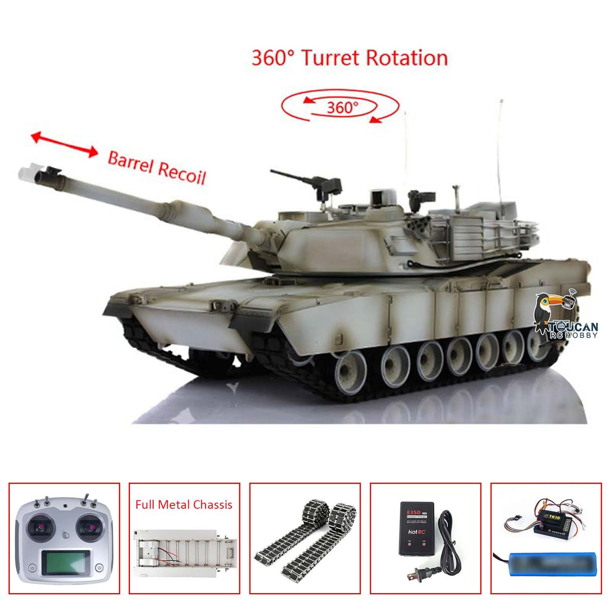 Heng Long 1/16 TK16 Full Metal Chassis RTR RC Tank 3918 M1A2 Abrams with Muzzle Flash Smoke Effects 360 Degrees Turret I6S Radio System