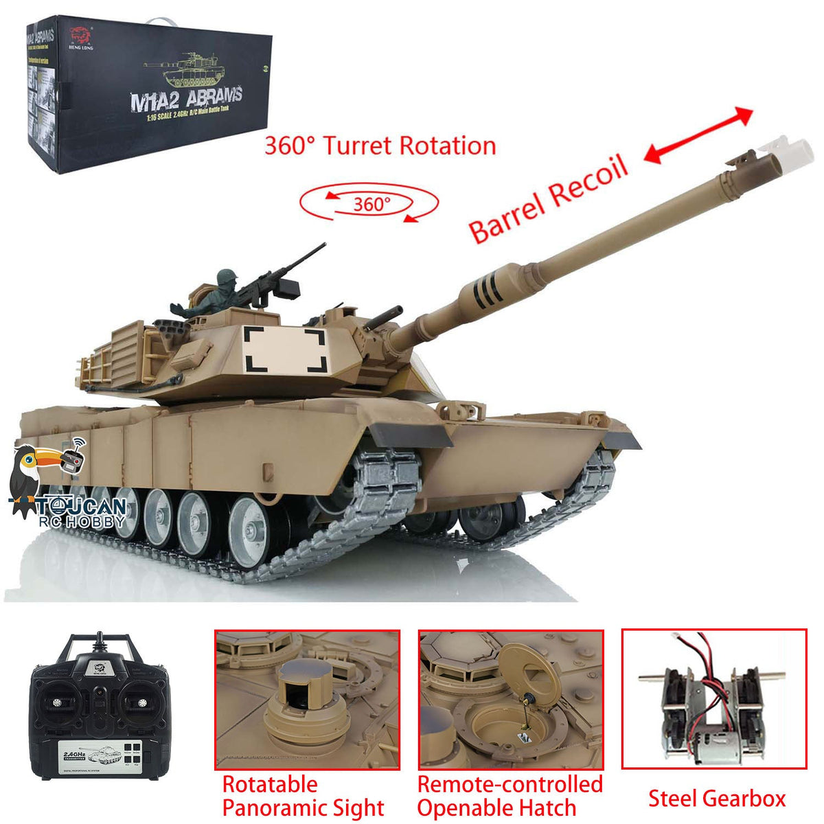 Henglong 1/16 TK7.1 Abrams M1A2 RTR RC Tank 3918 Openable Hatch Rotatable Panoramic Sight Barrel Recoil 360 Degrees Turret BB IR Smoke Metal Wheels Tracks Gearbox