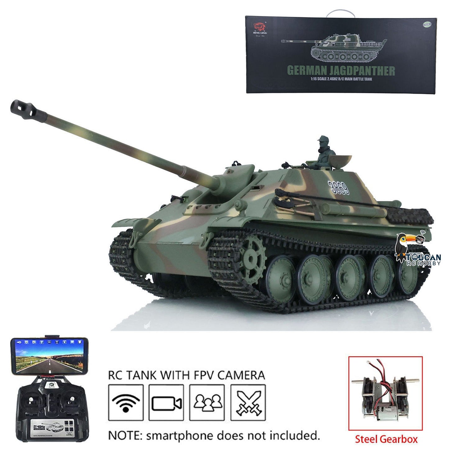Henglong 1/16 TK7.0 Plastic German Jadpanther 3869 RTR RC Tank FPV Infrared Combat BB Unit Smoke Steel Gearbox Metal Barrel