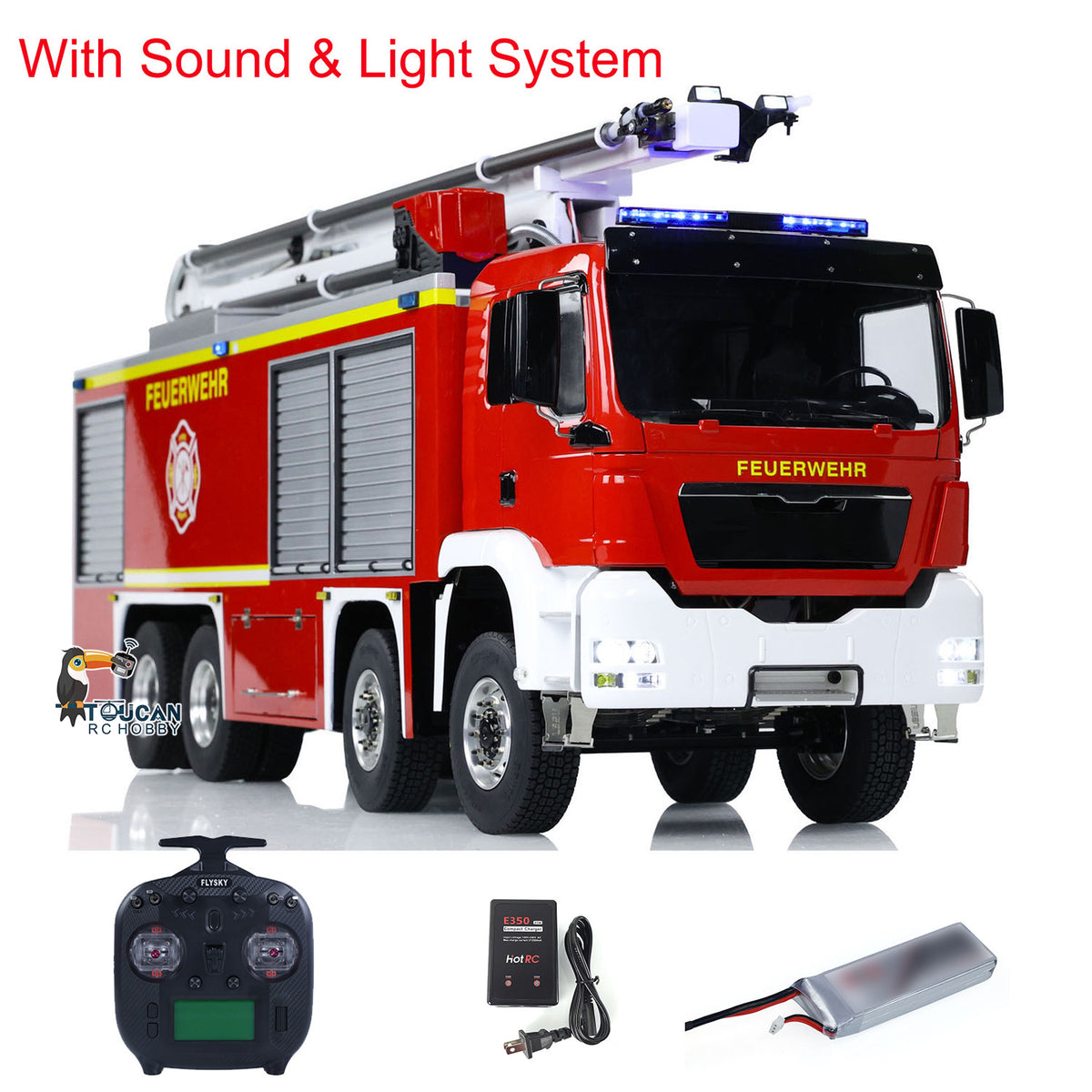 TOUCAN RC HOBBY 1/14 Metal Chassis Snozzle High-reach Extendable Turret 8x4 Remote Control Fire Truck Servo ESC Motor Light Sound System