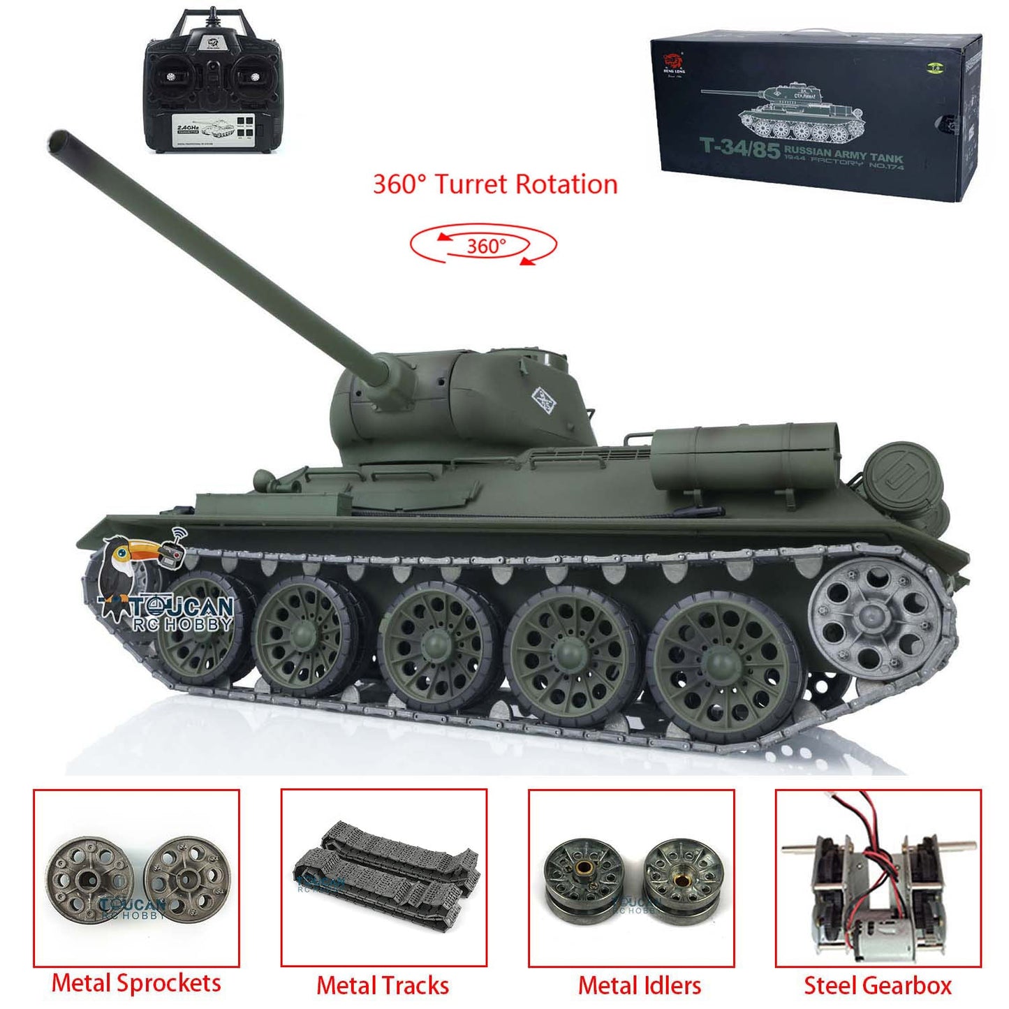Henglong 1/16 TK7.0 Promotion Soviet T34-85 RTR RC Tank 3909 with 360 Degrees Turret BB Infrared Combat Smoke Metal Sprockets Idlers Wheels