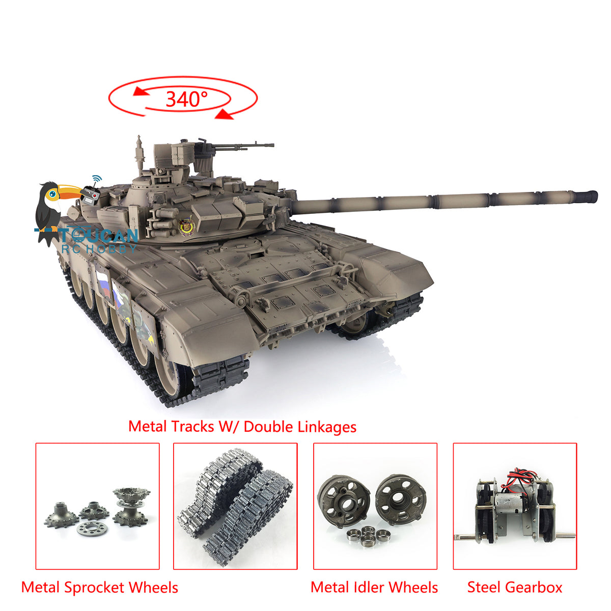 Verbesserter Henglong 1/16 TK7.0 Russischer T90, fahrbereit, funkgesteuerter Panzer, 3938 Metallketten, Kettenräder, Leiträder, Rauchgeräusche