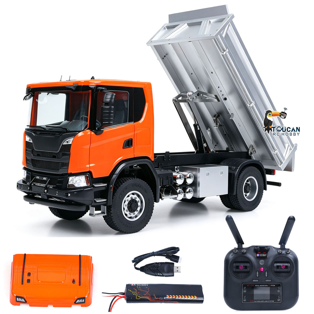 TOUCAN RC HOBBY Double E 1/14 4x4 Electric Lifting RC Dump Truck 500G E022 2Speed RTR Tipper Metal Axle Magnetic High Roof Battery Radio Light