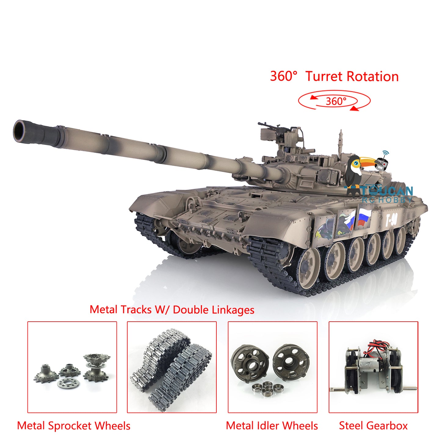 Henglong 1/16 Maßstab TK7.0 Russischer T90 Ferngesteuerter Ready To Run Tank 3938 W/ 360 Turm Metallketten Kettenräder Leiträder