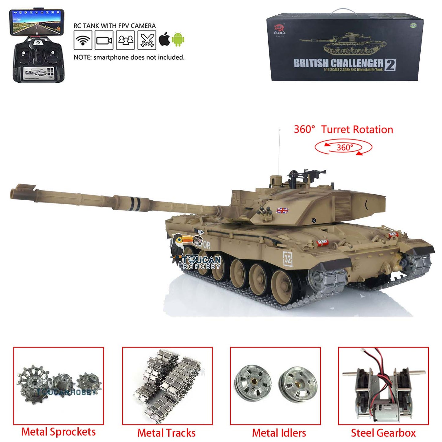 Henglong 1/16 TK7.0 Promotion British Challenger II 3908 RTR RC Tank 360 Degrees Turret BB IR Smoke Sound Light Metal Sprockets Idlers Wheels