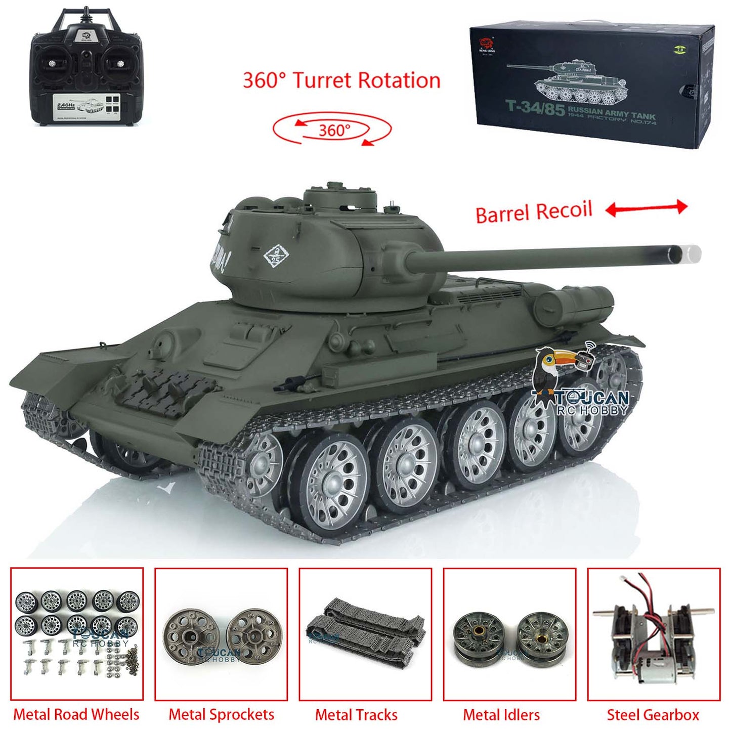Henglong 1/16 TK7.0 Soviet Union T34-85 3909 RTR RC Tank BB IR Barrel Recoil 360 Degrees Turret Metal Tracks Sprockets Idlers Road Wheels
