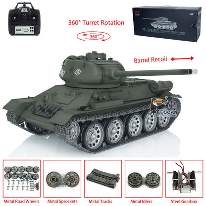 Henglong 1/16 TK7.0 Soviet Union T34-85 3909 RTR RC Tank BB IR Barrel Recoil 360 Degrees Turret Metal Tracks Sprockets Idlers Road Wheels
