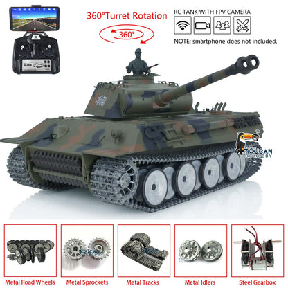 Henglong 1/16 TK7.0 German Panther RTR RC Tank 3819 FPV 360 Degrees Turret BB IR Smoke Metal Barrel Tracks Sprockets Idlers Road Wheels