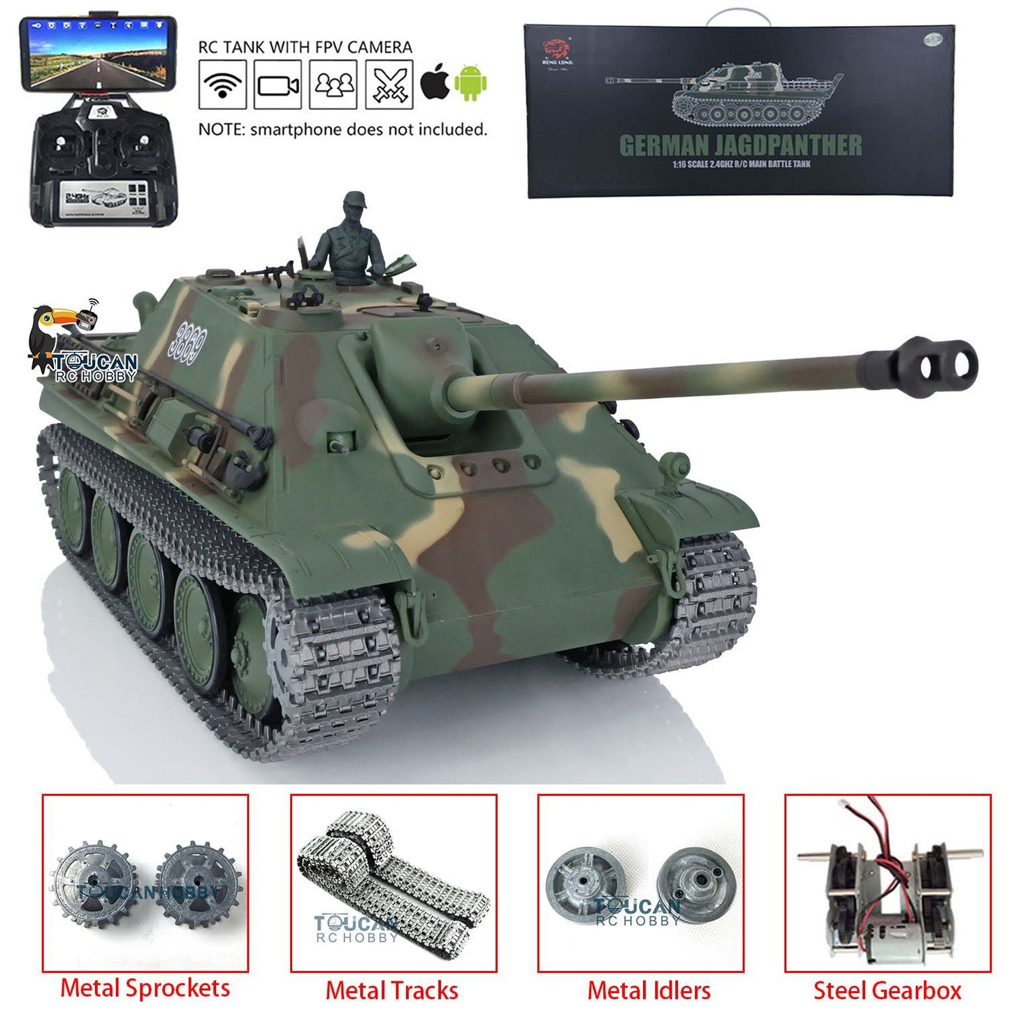 Henglong 1/16 TK7.0 Promotion German Jadpanther 3869 RTR RC Tank FPV Infrared Combat Smoke BB Unit Metal Sprockets Idlers Wheels Tracks Steel Gearbox