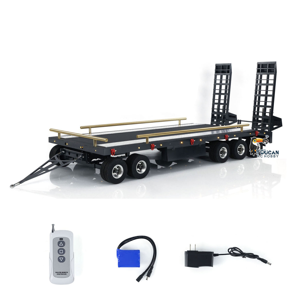 Metall 5 Achsen Vollanhänger für 1/10 1/8 RC Crawler 1/14 1/12 Hydraulisches LKW-Auto mit elektrischem Heckbrett Rücklichter Seitenlichter